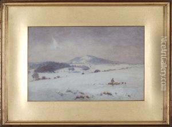A Snow Covered Landscape With A Shepherd And Flock In The Foreground Oil Painting - Frederick Dove Ogilvie