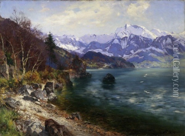 Blick Von Der Bucht Von Beckenried Gegen Vitznau Oil Painting - Jacques Matthias Schenker