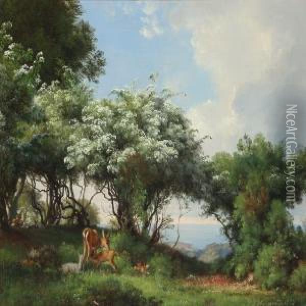 Summer Landscape Withdeer Oil Painting - Carl Frederick Aagaard