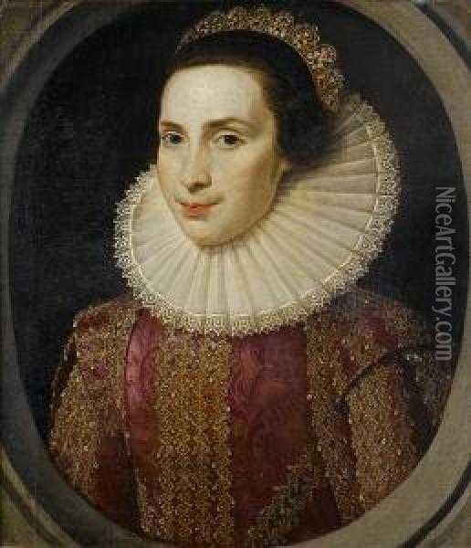 Portrait Of A Lady, Bust-length,
 In A Crimsonembroidered Dress With A White Lace Ruff And A Jewelled 
Headdress,within A Painted Stone Oval Oil Painting - Marcus Ii Gerards