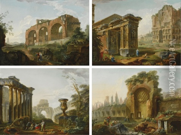 Architectural Capriccio With The Basilica Of Constantine; Architectural Capriccio With The Arco Degli Orefici Next To San Giorgio In Velabro And The Arco Di Giano; Architectural Capriccio With The Temple Of Faustina, The Arch Of Titus And The Walls Of The Oil Painting - Hubert Robert