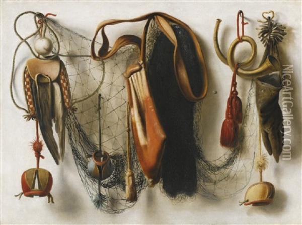 A Trompe L'oeil Still Life Of Hawking Equipment, Including A Glove, A Net And Falconry Hoods, Hanging On A Wall Oil Painting - Christoffel Pierson