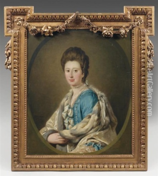 Portrait De Jeune Femme En Robe De Soie Bleue, Enveloppee Dans Une Pelisse Oil Painting - Pierre Etienne Falconet