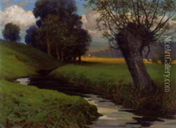 Feldlandschaft Mit Einem Bach An Einem Nachmittag Oil Painting - Eduard Ruedisuehli