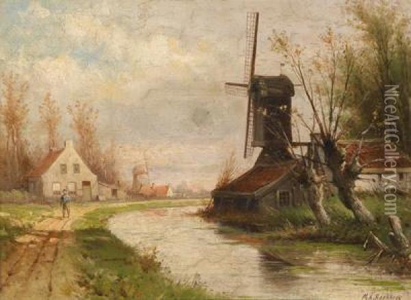 Hollandische Kanallandschaftmit Einem Wanderer Oil Painting - Marinus Adrianus Ii Koekkoek
