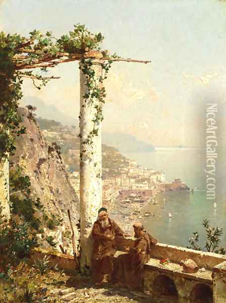 Monks on a terrace, with Amalfi beyond Oil Painting - Franz Richard Unterberger
