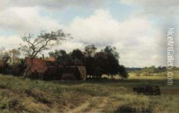 Heading Home: A Farm Amongst Fields Oil Painting - Julius Jacobus Van De Sande Bakhuyzen