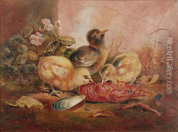 Chicks Meal Time; And Another Similar Oil Painting - W.H. Hunt