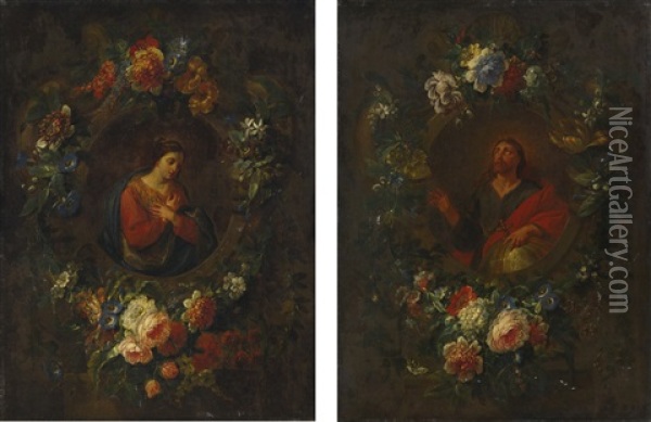 The Virgin Annunciate In A Carved Niche With A Floral Garland; Christ As Salvator Mundi In A Carved Niche With A Floral Garland Oil Painting - Jean-Baptiste Morel