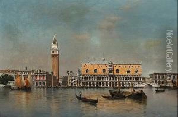 A View Of The Doge's Palace With Gondolas In The Foreground Oil Painting - Warren W. Sheppard