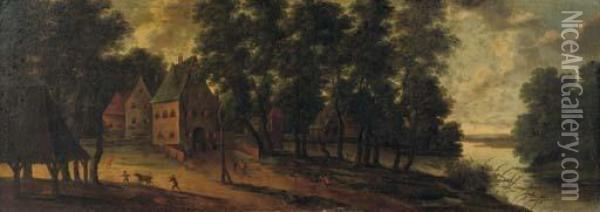 A Wooded Landscape With A Village And Travellers On A Path Oil Painting - Lucas Van Uden
