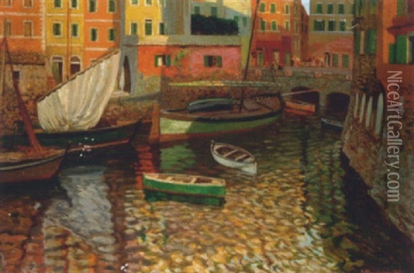 Kleiner Hafen Von Camogli, Riviera, Levante Oil Painting - Eduard Ameseder