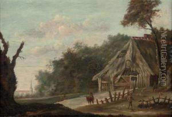 A Wooded Landscape With Herdsmen Outside A Barn, A Church Beyond Oil Painting - Cornelius Decker