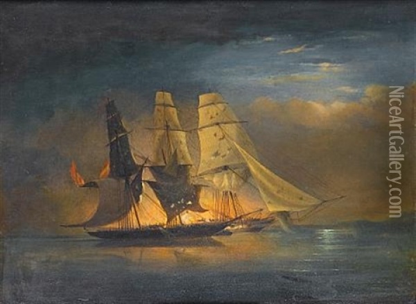 Capture Of The Spanish Slave Brig Almirante By H.m.s. Black Joke In The Bight Of Benin, Africa Oil Painting - Nicholas Condy