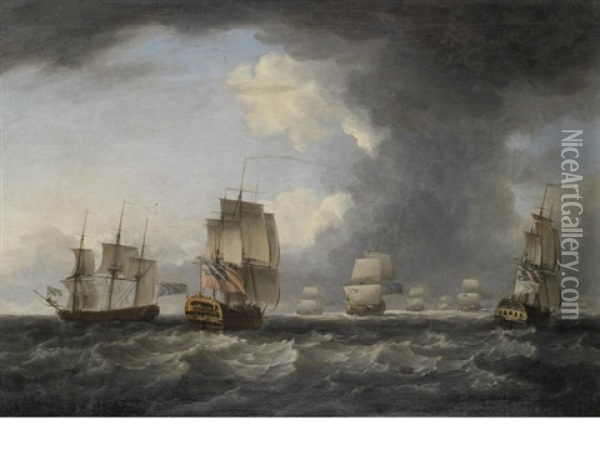 British Frigate And Her French Prize Rejoining The Main Squadron Oil Painting - Richard Paton