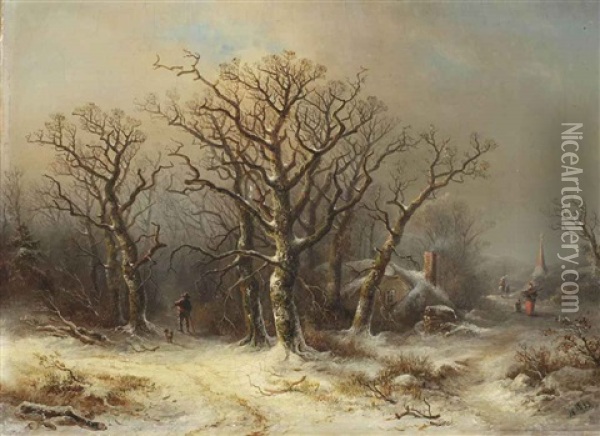 A Winter Woodland With A Man And His Dog And A Woman Gathering Wood Oil Painting - Theobald Freiherr von Oer
