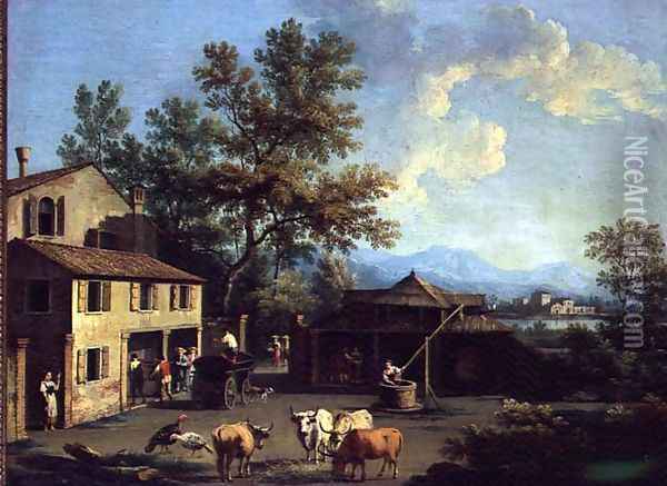 A Farmyard with Peasants and Animals Oil Painting - Gianbattista Cimaroli