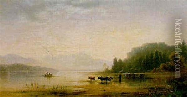 Cattle Watering On The Banks Of A Lake With Fishermen Hauling In Their Nets, Mountainous Landscape Beyond Oil Painting - Karl Heilmayer