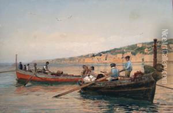 Pescatori Nel Golfo Di Napoli - Acquerello Su Carta Rip Su Cartone Oil Painting - Vincenzo Loria
