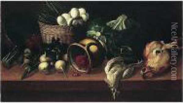 Still Life Of Eggs And Asparagus
 In A Wicker Basket, Together With Raspberries In An Upturned Jug, 
Turnips, Cabbages, Cherries, A Chicken And A Calf's Head, All Arranged 
Upon A Table Top Oil Painting - Astolfo Petrazzi