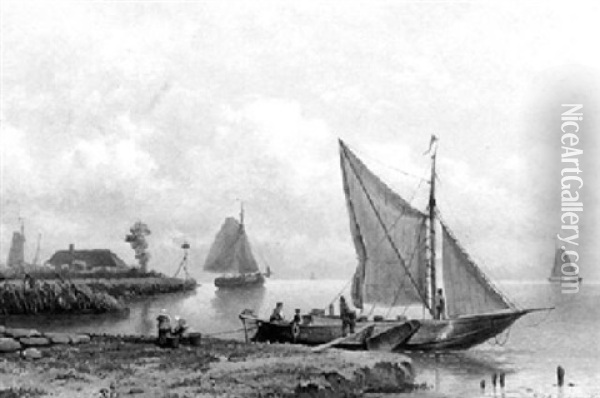 Boats By A Riverbank Oil Painting - Jacobus Johannes Josephus Hilverdink