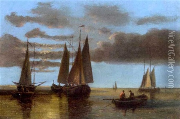 Fishing Boats On The Scheldt (+ Barges In A Stiff Breeze; Pair) Oil Painting - Abraham Hulk the Elder
