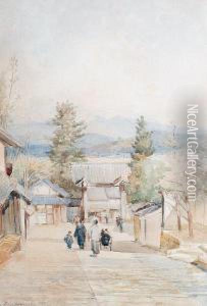 A Japanese Street Scene, Possibly Of Kyoto Oil Painting - John Jnr. Varley