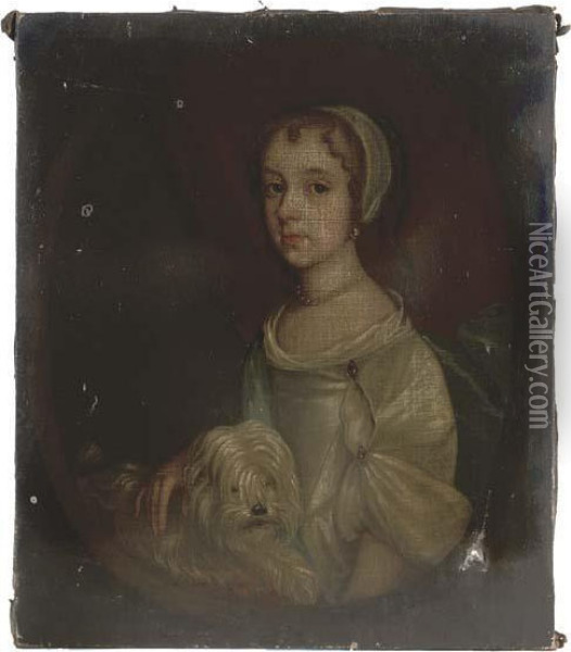 Portrait Of A Young Girl, 
Presumably A Member Of The Mostyn Family, Wearing A White Satin Dress 
With Blue Cloak, Holding A Dog Oil Painting - Sir Peter Lely
