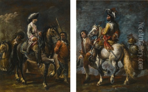 Cavalier Wearing A Red Sash, With His Groom; Cavalier In A White Coat Oil Painting - Francesco Simonini