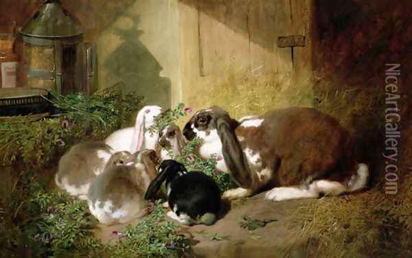 A lop-eared doe rabbit with her young Oil Painting - John Frederick Herring Snr