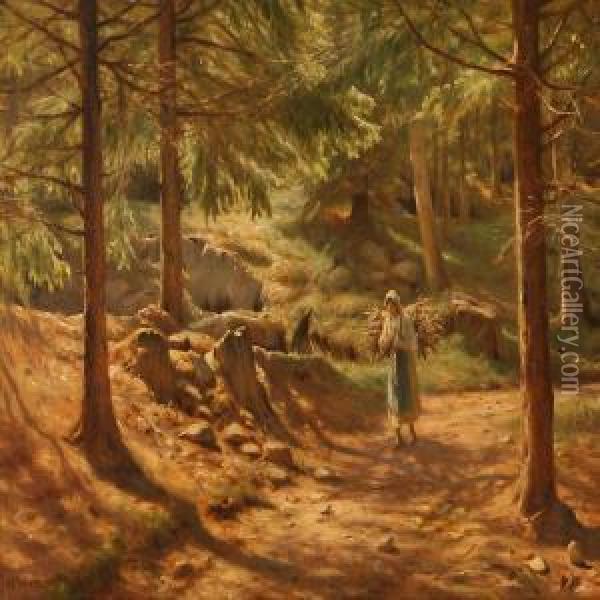 A Woman Collects Firewood In The Forest Oil Painting - Niels Frederik Schiottz-Jensen