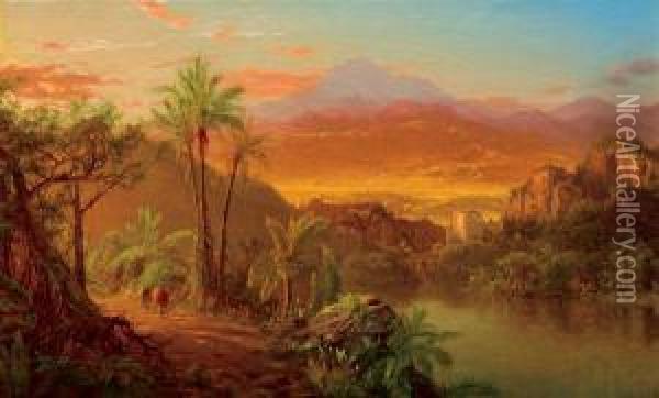 Travelers In A Tropical Landscape Oil Painting - Louis Remy Mignot