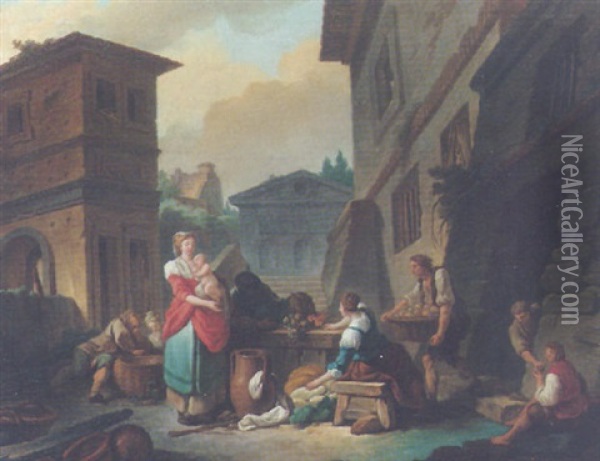 A Street Scene With Vegetable Sellers Oil Painting - Jacques Francois Amand