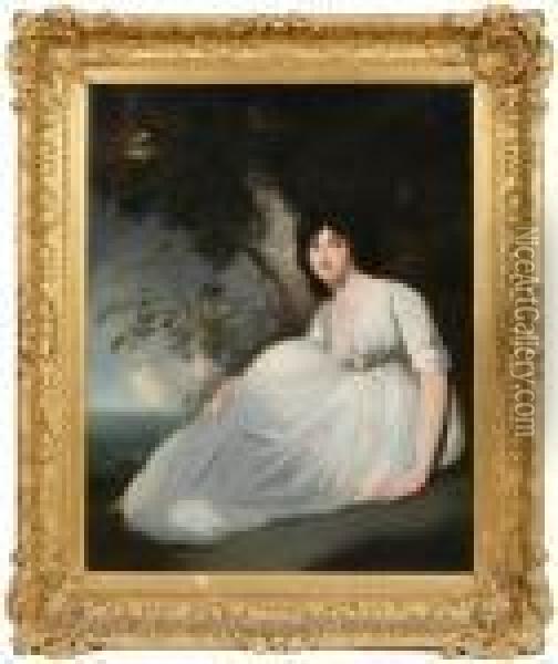 Portrait Of A Lady In White Satin Dress, Seated Under A Tree Oil Painting - Sir Joshua Reynolds