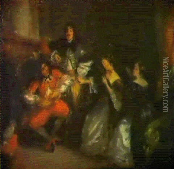 Scene D'interieur Inspiree D'une Comedie De Moliere (?) Oil Painting - Eugene Deveria