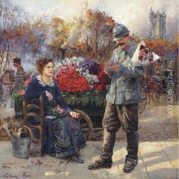 Flower Seller Near The Tour Saint Jacques Oil Painting - Leon Joseph Voirin