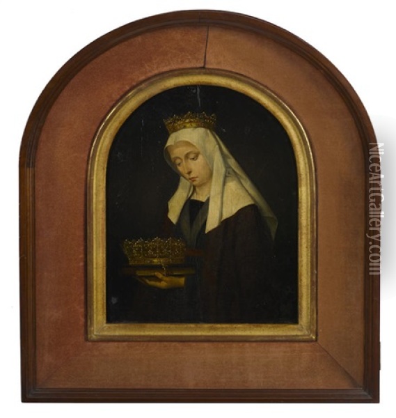A Portrait Of A Queen In Mourning Holding A Crown Arched Top Oil Painting - Hans Memling
