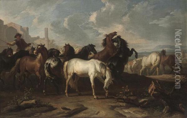 A Drover Herding Horses Along A Track Oil Painting - Pieter van Bloemen