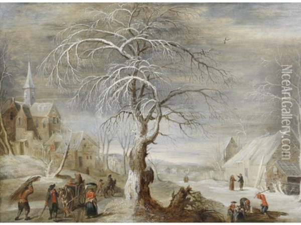 A Winter Landscape With Travellers On A Track, A Village And Woodcutters Beyond Oil Painting - Frans de Momper