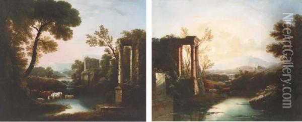 An Italianate Landscape With 
Classical Ruins; And An Italianatelandscape With A Shepherd And Cattle 
By Classical Ruins Oil Painting - Claude Lorrain (Gellee)