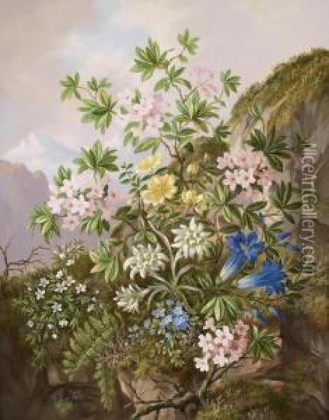 Alpineflowers Oil Painting - Josef Schuster
