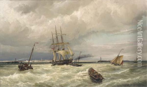 Entrance To The Harbour Of Ymuiden, New Route To Amsterdam Oil Painting - Cornelis Christiaan Dommersen