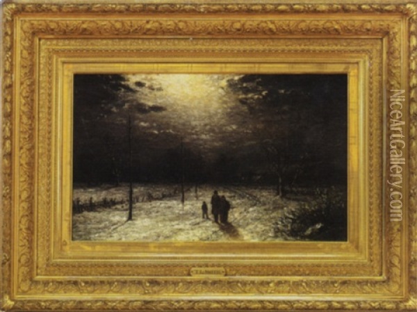 Figures In A Winter Evening Landscape Oil Painting - Thomas Lochlan Smith