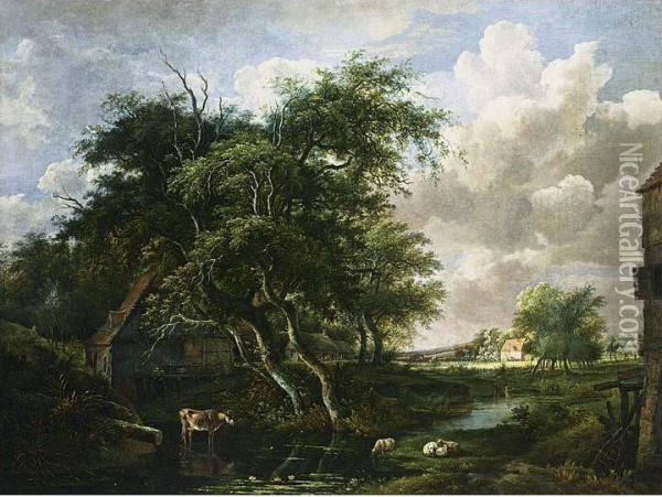 A Wooded Landscape With Houses, Sheep And A Cow Near A Stream, And Two Shepherds Paddling Beyond Oil Painting - Jan Hulswit