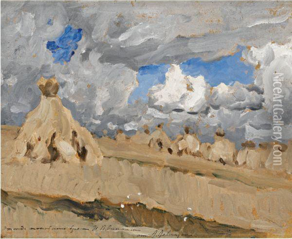 Haystacks In A Russian Landscape Oil Painting - Isaak Ilyich Levitan
