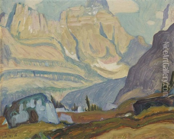 Mt. Hungabee From Odaray Bench Oil Painting - James Edward Hervey MacDonald