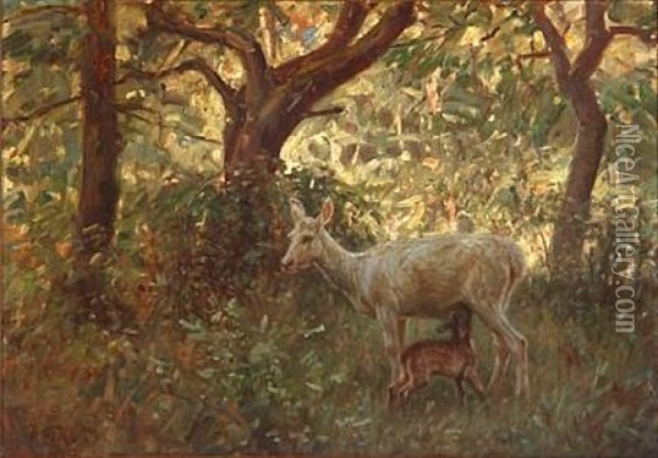 Spring Forest With A Mother Deer And Baby Deer Oil Painting - Hans Michael Therkildsen