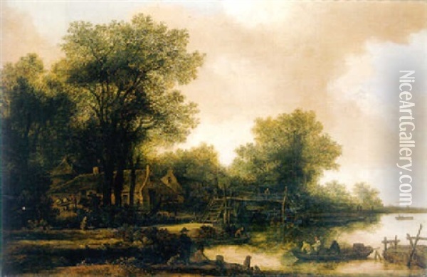 A Hamlet In A Wood By A River With Fishermen In A Rowing Boat By A Footbridge Oil Painting - Pieter De Molijn