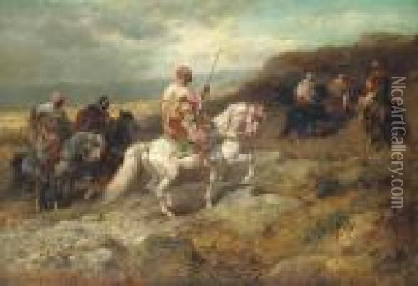 Arab Warriors On A Rocky Hillside Oil Painting - Adolf Schreyer
