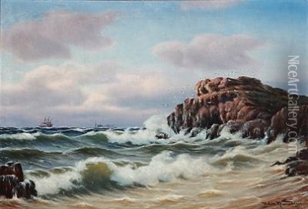 Breakers With Sailing Ships At Sea Oil Painting - Johan Jens Neumann